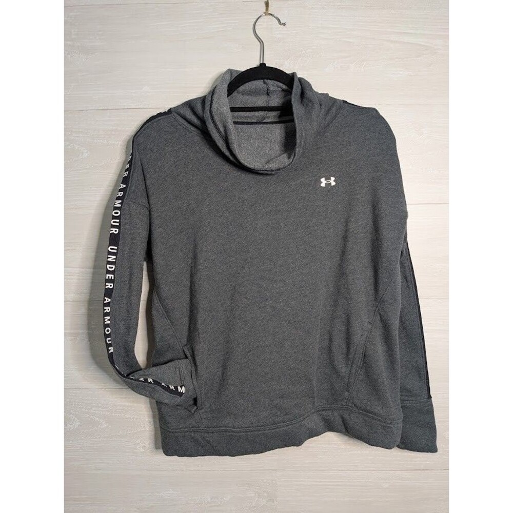 Under Armour Funnel Neck Sweatshirt Medium Gray Logo Tape Sleeve Fleece Pullover
